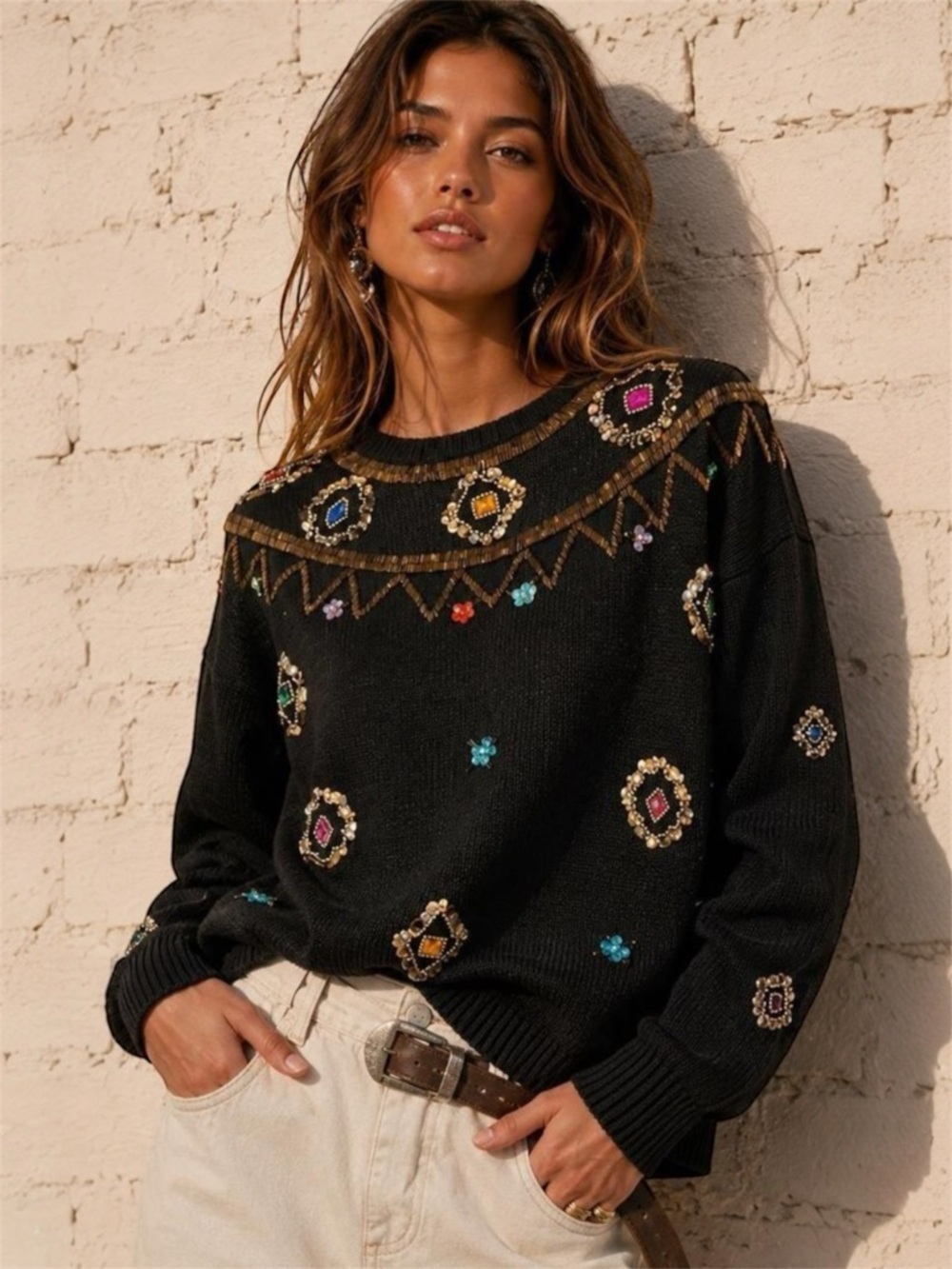 Vintage Exclusive Imports Black Sequin Beaded Harlequin Sweater 90s M Whimsygoth